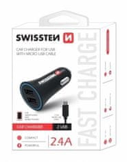 SWISSTEN CAR CHARGER 2,4A POWER z 2x USB + MICRO USB KABEL