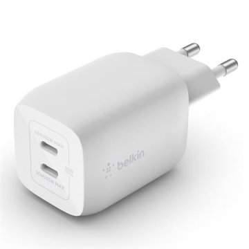Belkin BOOST CHARGE Dual 65W USB-C Power Delivery GaN PPS Stenski polnilnik, bel