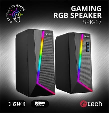 C-Tech Zvočniki SPK-17, 2.0, 6 W, RGB osvetlitev, 3,5-milimetrski priključek, USB napajanje, črni