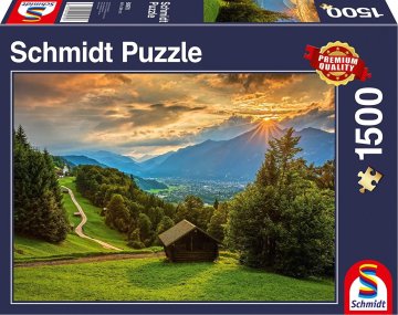 Schmidt Puzzle Sončni zahod nad gorsko vasjo Wamberg 1500 kosov