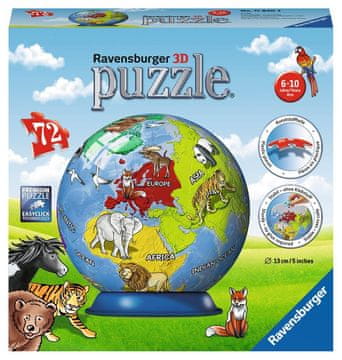 Ravensburger 3D sestavljanka Kroglasta otroška zemeljska krogla z živalmi (angleška) 72 kosov