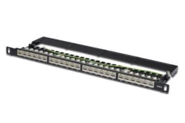 Digitus CAT 6 Patch Panel, zaščiten, 24 RJ45 priključkov s pokrovčkom, 8P8C, LSA, 0,5U, za montažo v 19" omaro, bl