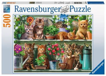 Ravensburger Sestavljanka Mačke na policah med rožami 500 kosov