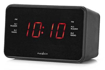 Nedis digitalna budilka z radiem/ zaslon LED/ 3,5 mm priključek/ AM/ FM/ odloženo zbujanje/ časovnik izklopa/ 2 alarma/ črna