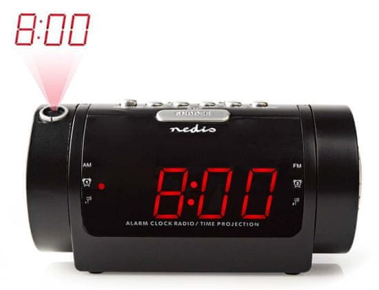 Nedis digitalna budilka z radiem/ prikazovalnik LED/ prikaz časa/ AM/ FM/ odloženo zbujanje/ časovnik izklopa/ 2 alarma/ črna