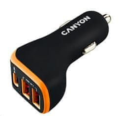 Canyon avtomobilski polnilec C-08, 1xUSB-C (PD 18W) + 2xUSB-A, vhod 12V-24V, izhod 5V-2,4A, Smart IC, CE,RoHS - črno oranžna