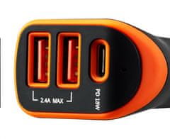 Canyon avtomobilski polnilec C-08, 1xUSB-C (PD 18W) + 2xUSB-A, vhod 12V-24V, izhod 5V-2,4A, Smart IC, CE,RoHS - črno oranžna