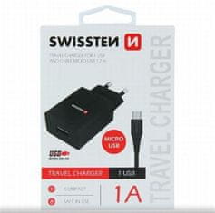 SWISSTEN NETWORK ADAPTER SMART IC 1x USB 1A POWER + DATA CABLE USB / MICRO USB 1.2 M BLACK