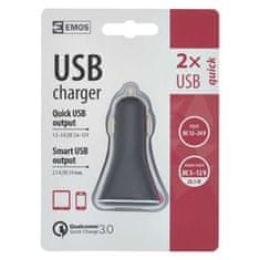 Emos napajalnik USB CL 12/24V QuickCharge3.0, 3A (28,5W), 2x USB, za avto