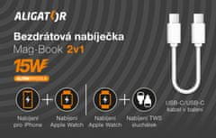 Aligator Brezžični polnilec Mag-Book 2v1, za polnjenje MagSafe in ure Apple Watch, 15 W, bel