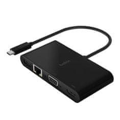 Belkin Belkinov večpredstavnostni adapter USB-C za HDMI, VGA, RJ45, USB-A 3.0, do 100 W Power Delivery, črn