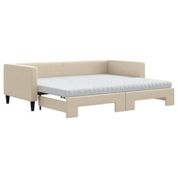 Vidaxl Izvlečna dnevna postelja z vzmetnicami krem 90x200 cm blago
