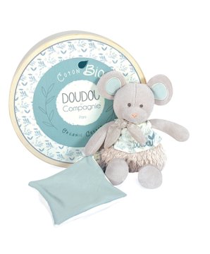 Doudou Darilni set - Plišasta miška z odejo iz organskega bombaža 22 cm