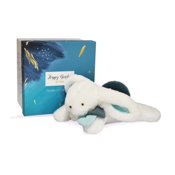 Doudou Darilni set - Plišasti zajec s temno modrim pompom 25 cm