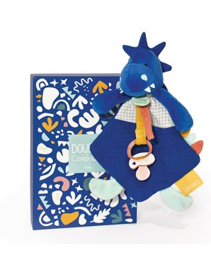 Doudou Darilni set - igrača z držalom za dudo dinozaver modra 23 cm