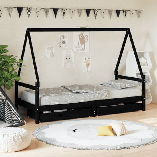 Vidaxl Otroški posteljni okvir s predali črn 90x190 cm trdna borovina