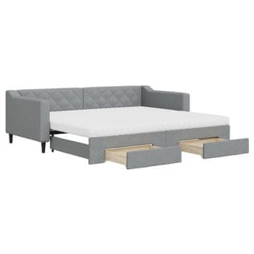 Vidaxl Izvlečna dnevna postelja s predali svetlo siva 90x200 cm blago