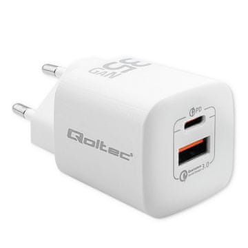 Qoltec 35W GaN ULTRA stenski polnilnik | 5–20 V | 2,25–3 A | 1 x USB Type-C PD | 1 x USB QC 3.0 | Bela