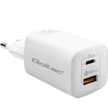 Qoltec 65W GaN ULTRA stenski polnilnik | 5–20 V | 2,25–3,25 A | 1 x USB Type-C PD | 1 x USB QC 3.0 | Prenosnik | Pametni telefon | Bela
