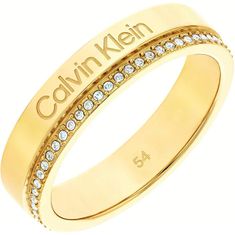 Calvin Klein Pozlačen prstan s kristali Minimal Linear 35000201 (Obseg 56 mm)
