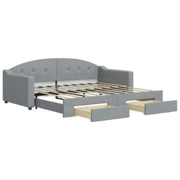 Vidaxl Izvlečna dnevna postelja s predali svetlo siva 90x190 cm blago