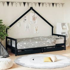 Vidaxl Otroški posteljni okvir s predali črn 80x200 cm trdna borovina