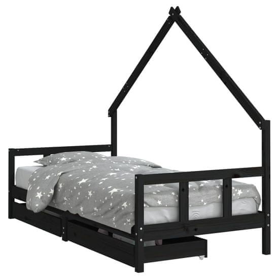 Vidaxl Otroški posteljni okvir s predali črn 90x200 cm trdna borovina