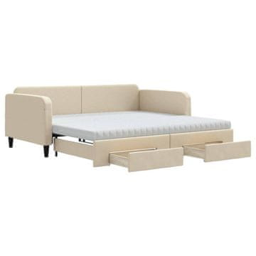 Vidaxl Izvlečna dnevna postelja s predali krem 100x200 cm blago