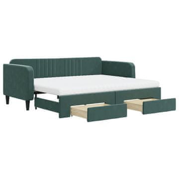 Vidaxl Izvlečna dnevna postelja s predali temno zelena 90x200 cm žamet
