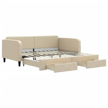 Vidaxl Izvlečna dnevna postelja s predali krem 100x200 cm blago