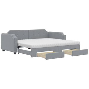 Vidaxl Izvlečna dnevna postelja s predali svetlo siva 90x200 cm blago