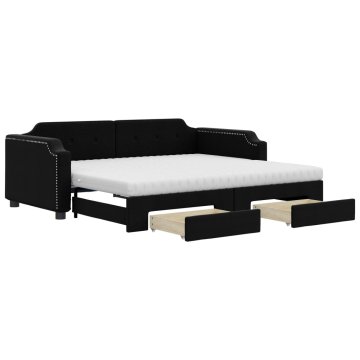 Vidaxl Izvlečna dnevna postelja s predali črna 90x190 cm blago