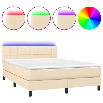 Vidaxl Box spring postelja z vzmetnico LED krem 140x190 cm blago