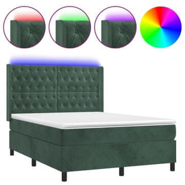Vidaxl Box spring postelja z vzmetnico LED tem. zelena 140x190cm žamet