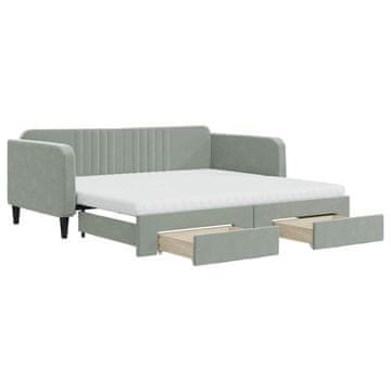 Vidaxl Izvlečna dnevna postelja s predali svetlo siva 90x190 cm žamet