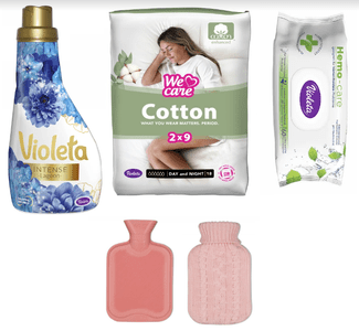 Violeta darilni set, Cotton Day&Night vložki, Hemo-Care toaletni papir, mehčalec Lagoon, termofor