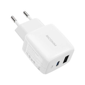 slomart omrežni polnilec 25w pd ricomm rc252 eu, 1xusb-a, 1xusb-c + usb-c kabel 2,1m