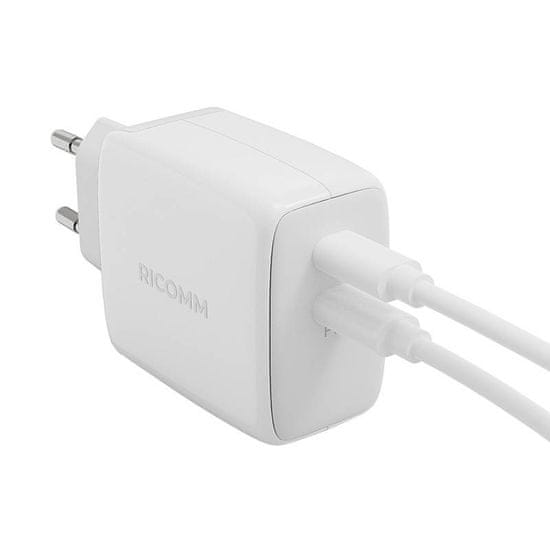 Ricomm 65W GaN RC652 EU omrežni polnilnik, 2xUSB-C + USB-C kabel 2,1 m