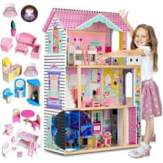 Ricokids Velika 3-nadstropna lesena hišica za punčke z dvigalom in LED lučjo