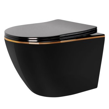 REA Viseča straniščna školjka CARLO Mini Rimless Duroplast Flat Black Gold Edge