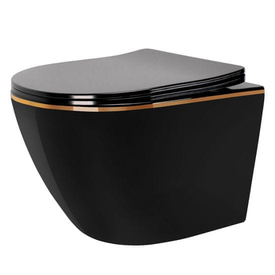 REA Viseča straniščna školjka CARLO Mini Rimless Duroplast Flat Black Gold Edge