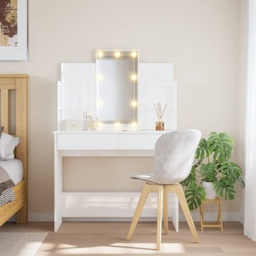 Vidaxl Toaletna mizica z LED lučkami visok sijaj bela 96x40x142 cm