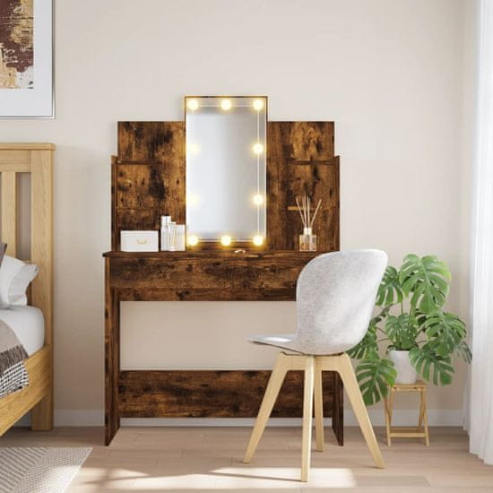 Vidaxl Toaletna mizica z LED lučkami dimljen hrast 96x40x142 cm