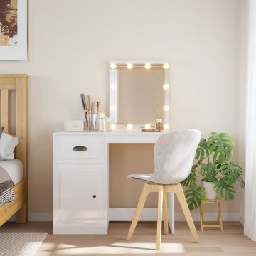 Vidaxl Toaletna mizica z LED lučkami visok sijaj bela 90x42x132,5 cm