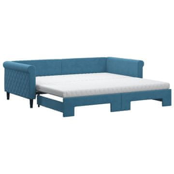 Vidaxl Izvlečna dnevna postelja z vzmetnicami modra 100x200 cm žamet
