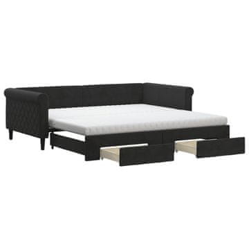 Vidaxl Izvlečna dnevna postelja s predali črna 100x200 cm žamet