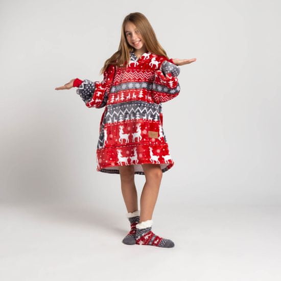 Svilanit SoftHug otroška hoodie odeja z rokavi, Red Xmas + nogavice