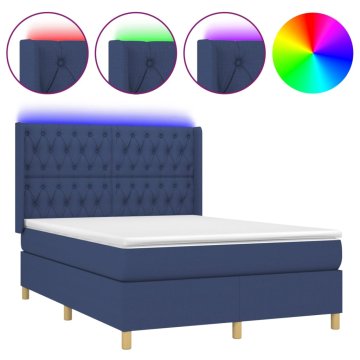 Vidaxl Box spring postelja z vzmetnico LED modra 140x190 cm blago