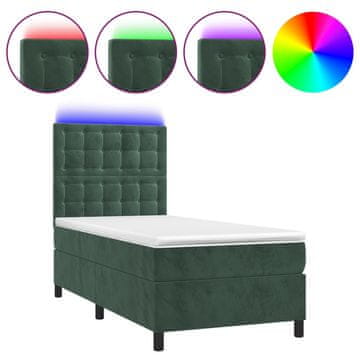 Vidaxl Box spring postelja z vzmetnico LED tem. zelena 90x190 cm žamet