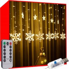 Malatec Novoletne lučke svetlobna zavesa 138 LED toplo bela 8 funkcij USB zvezde in snežinke